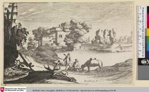 [Landschaft mit zwei Männern und einem Esel die am Ufer eines Flusses rasten]