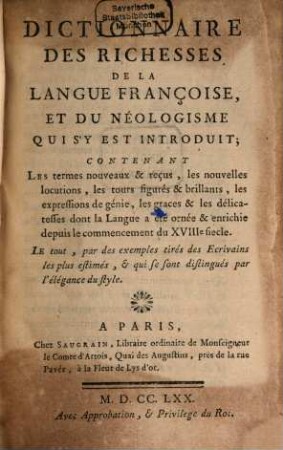 Dictionnaire des Richesses de la langue Françoise