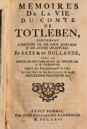 Mémoires de la vie du Comte de Totleben