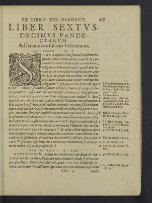 Liber sextusdecimus Pandectarum. Ad senatusconsultum Velleianum.