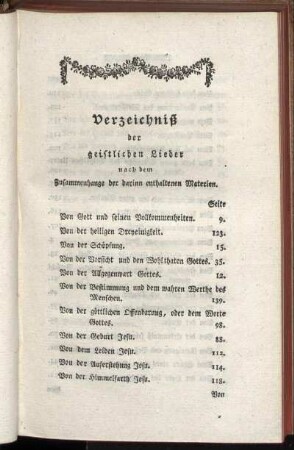 Verzeichniß der geistlichen Lieder nach dem Zusammenhange der darinn enthaltenen Materien.