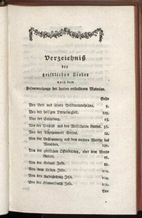 Verzeichniß der geistlichen Lieder nach dem Zusammenhange der darinn enthaltenen Materien.