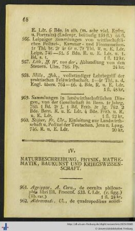 V. Naturbeschreibung, Physik, Mathematik, Baukunst und Kriegswissenschaft