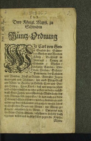 Dero Königl. Mayst. zu Schweden Müntz-Ordnung