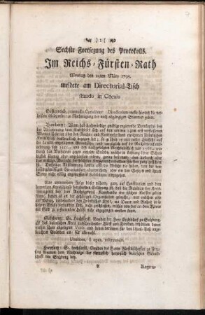 Sechste Fortsezung des Protokolls : Im Reichs-Fürsten-Rath Montag den 23ten März 1795. meldete am Directorial-Tisch stando in Circulo
