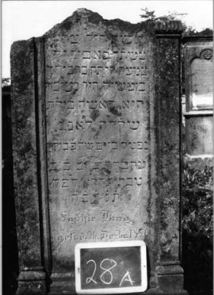 Grabstein 28 (Index: 99801885) Material: Sandstein Zustand: oberer Teil abgebrochen Maße HxBxT: 140x58x16 cm Beschreibung: ädikulaartige Stele mit Pilastern, getreppter Sockel: Grabstein 28A