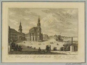 Schloßplatz mit Hofkirche, Radierung. um 1840 : Der Schlossplatz und die katholische Kirche in Dresden. - Dresden : Otto u. Lehmann, [ca. 1840]. - 1 Kunstblatt : Radierung ; 10,6 x 7 cm