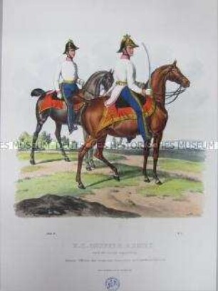 Uniformdarstellung, Stabsoffizier der Deutschen Grenadiere und Bataillons-Adjutant zu Pferd, Österreich, 1840. Tafel aus: Trentsensky: K.K. Oesterreichische Armée nach der neuen Adjustirung.