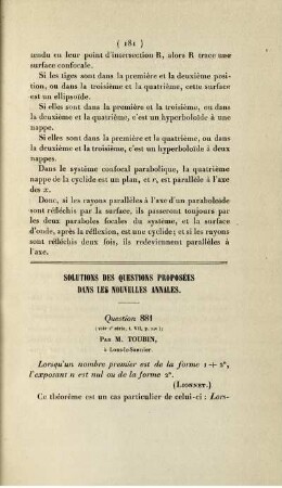 Solution de questions proposées dans les nouvelles annales.