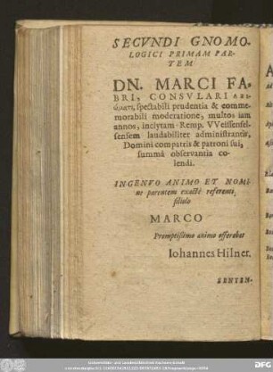 Secundi Gnomologici Primam Partem