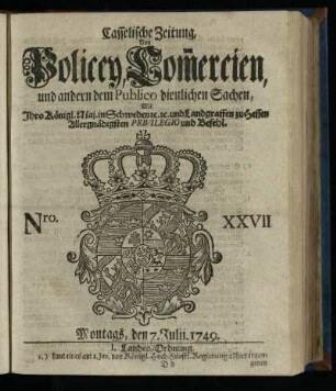 Nro. XXVII, Montags, den 7. Julii 1749