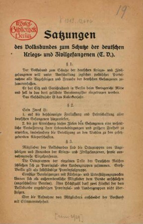 Satzungen des Volksbundes zum Schutz der deutschen Kriegs- und Zivilgefangenen 