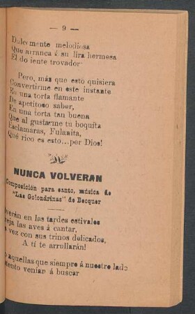 Nunca volverán : Composición para canto, música de "Las Golondrinas" de Becquer
