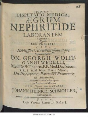 Disputatio Medica, Aegrum Nephritide Laborantem Exhibens