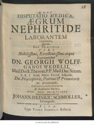 Disputatio Medica, Aegrum Nephritide Laborantem Exhibens