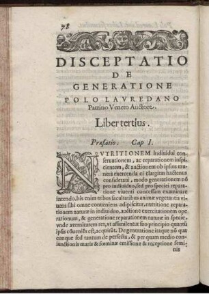 Disceptatio de Generatione [...]. Liber tertius.
