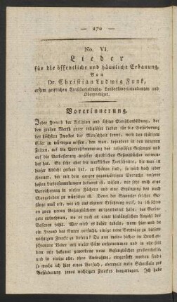 No. VI. Lieder für die öffentliche und häusliche Erbauung. Von Dr. Christian Ludwig Funk, ...