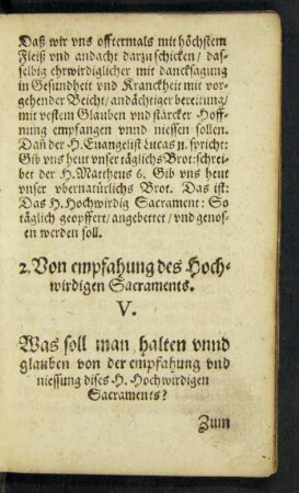 2. Von empfahung des Hochwirdigen Sacraments.
