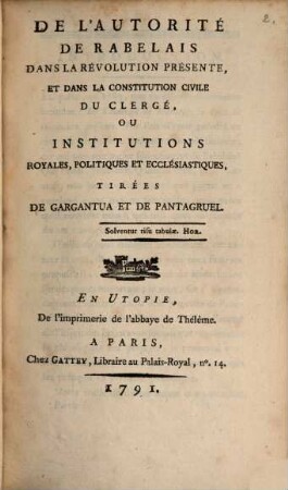 De l'Autorité de Rabelais dans la révolution présente ...