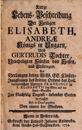 Kurze Lebensbeschreibung der heiligen Elisabeth ...