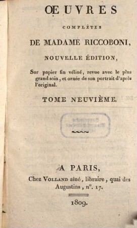 Oeuvres complètes de Madame Riccoboni. 9. Lettres d'Élisabeth Sophie de Vallière