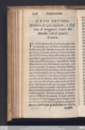 Capo Decimo. Historia del più desolato, e forse uno d' maggiori Santi del Mondo, cioè il pouero.