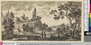 [Flusslandschaft mit einigen Personen und einer Kirche auf einem Berg im Hintergrund]