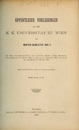 Vorlesungsverzeichnis. 1891/92. WS