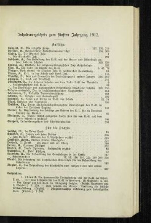Inhaltsverzeichnis zum fünften Jahrgang 1912