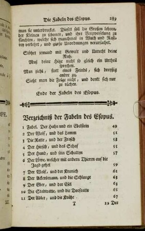 Table des Fables D´Esope. - Verzeichniß der Fabeln des Esopus.