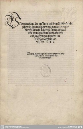Underweysung der Messung, mit dem Zirckel und Richtscheyt, in Linien, Ebenen unnd gantzen corporen