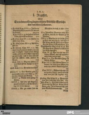 I. Register. Uber Die in denen Eingängen erklärte Biblische Sprüche.