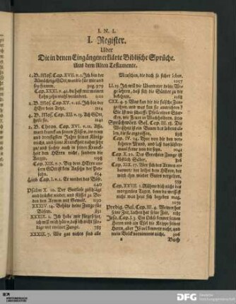 I. Register. Uber Die in denen Eingängen erklärte Biblische Sprüche.