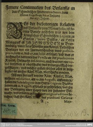 Fernere Continuation des Verlauffs in den Schwedischen Friedenstractaten