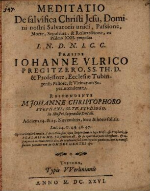 Meditatio de salvifica Christi Jesu, Domini nostri Salvatorius unici, passione, morte ...