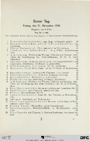 Erster Tag: Freitag, den 21. November 1930, Beginn um 3 Uhr (Nr. 1-180)
