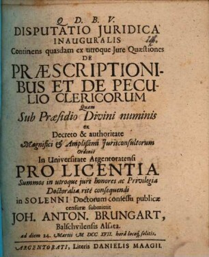 Disputatio juridica inauguralis continens quasdam ex utroque jure quaestiones de praescriptionibus et de peculio clericorum