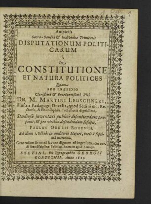 Disputationum Politicarum ... De Constitutione Et Natura Politices