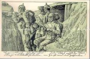 Soldaten im Schützengraben beim Lesen der Feldpost