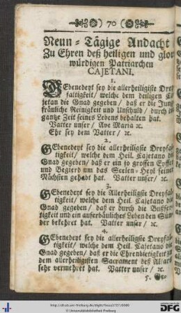 Neun-Tägige Andacht zu Ehren deß heiligen und glorwürdigen Patriarchen Cajetani.