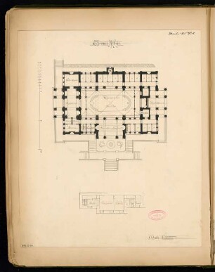 Thermenanlage um eine warme Waldquelle Monatskonkurrenz Dezember 1885: Grundriss Untergeschoss, Hauptgeschoss; Maßstabsleiste