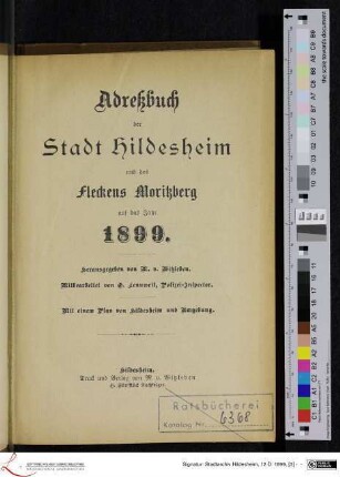 1899: [1899] Adreßbuch der Stadt Hildesheim und des Fleckens Moritzberg : auf das Jahr 1899