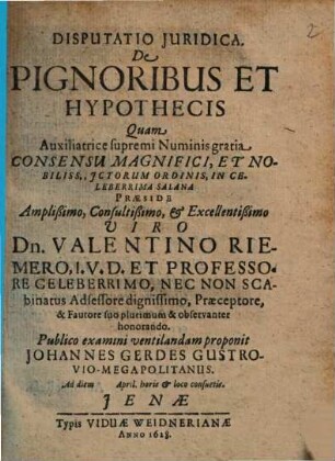 Disputatio Iuridica De Pignoribus Et Hypothecis