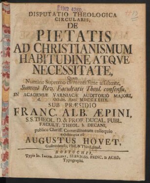 Disputatio Theologica Circularis, De Pietatis Ad Christianismum Habitudine Atque Necessitate