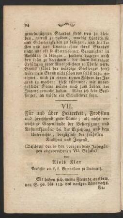 VII. Für und über Heiterkeit, Frohsinn und herschend gute Laune ; ...