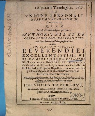 Disputatio Theologica, De Vnione Personali Dvarvm Natvrarvm In Christo