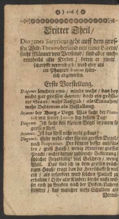 Dritter Theil/ Diogenes geht auff dem grossen Welt-Theatro herum mit seiner Latern ...