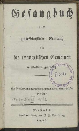Gesangbuch zum gottesdienstlichen Gebrauch für die evangelischen Gemeinen in Mecklenburg-Strelitz