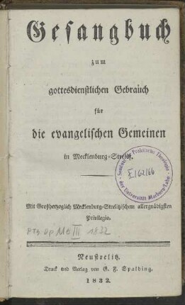 Gesangbuch zum gottesdienstlichen Gebrauch für die evangelischen Gemeinen in Mecklenburg-Strelitz