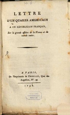 Lettre d'un Quaker américain à un républicain français